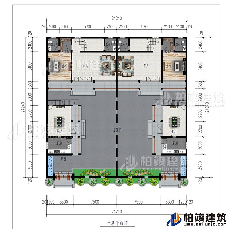 一层：月亮门、2厨房、2影壁、2餐厅、2客厅、2卧室、2衣柜、2内卫、2鱼池